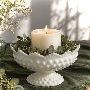 Vintage FENTON Hobnail Milk Glass Pedestal Candle Bowl 6" Scalloped Rim